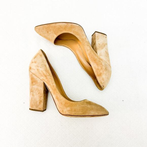 Sergio Rossi Suede Leather Beige Pointy Toe Block Heel Pumps Size 9 - Picture 5 of 5